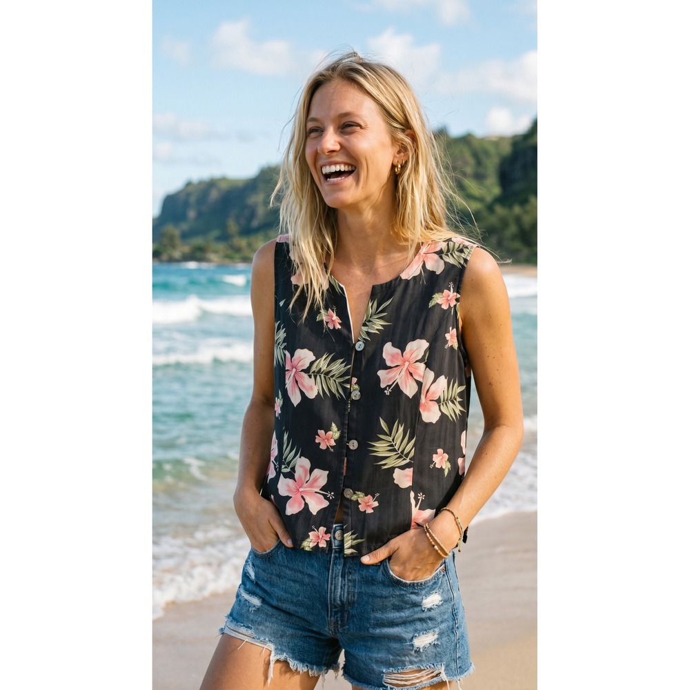 VTG Pineapple Moon Y2K Silk Hibiscus Sleeveless Top Medium Aloha Resortwear